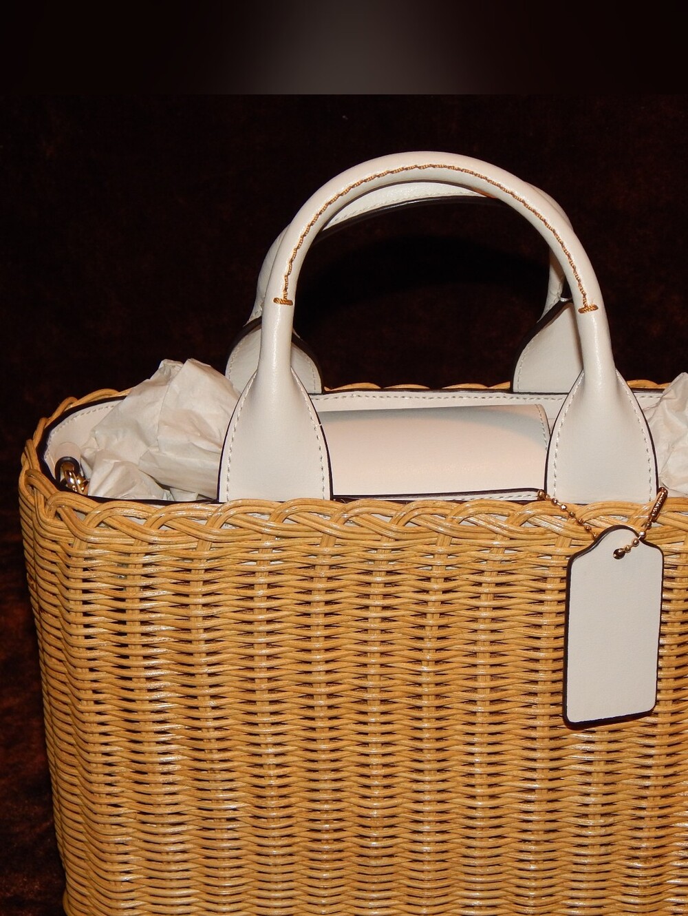 Coach White Leather-Trim Wicker Tote